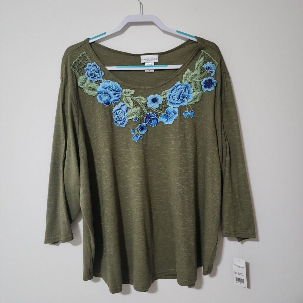 NWT $40 Rebecca Malone Womens Top Olive Green Blue Embroidered Applique Size 3X